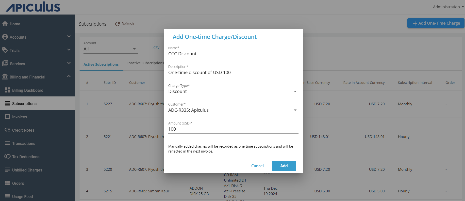 Adding One-time Charges and Discounts