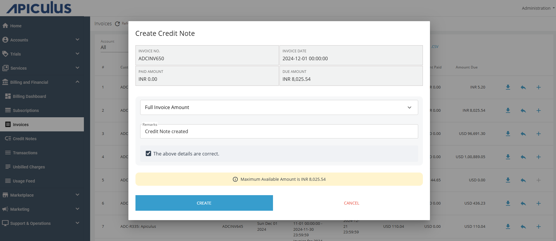 Creating a Credit Note Against an Invoice