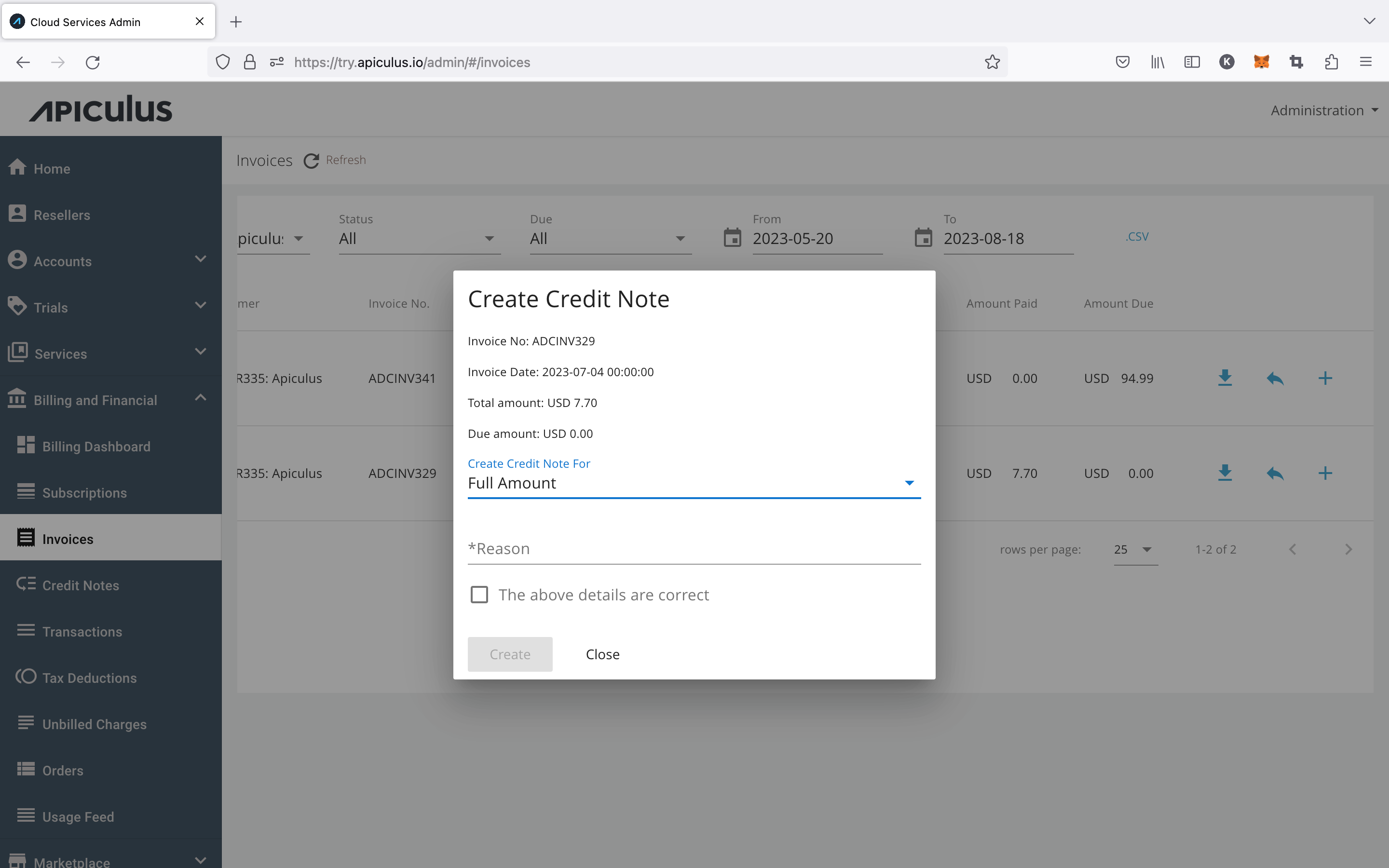 Creating a Credit Note Against an Invoice