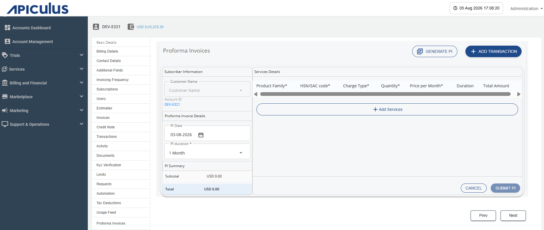 Generate Proforma Invoice Screen