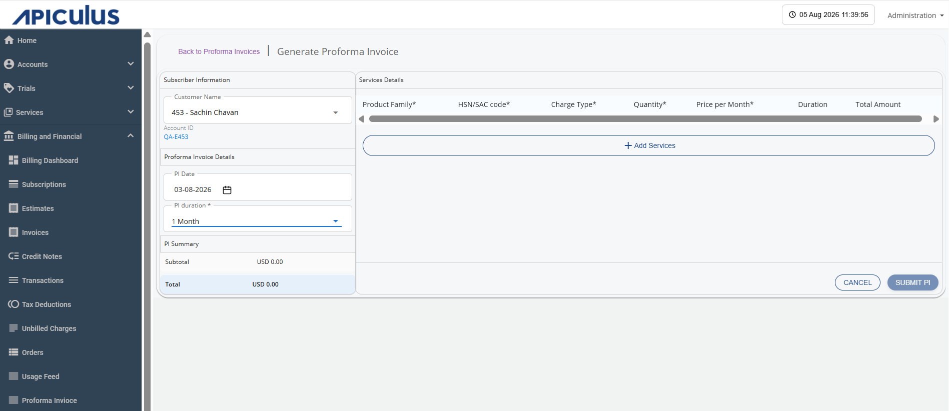 Generate Proforma Invoice Screen
