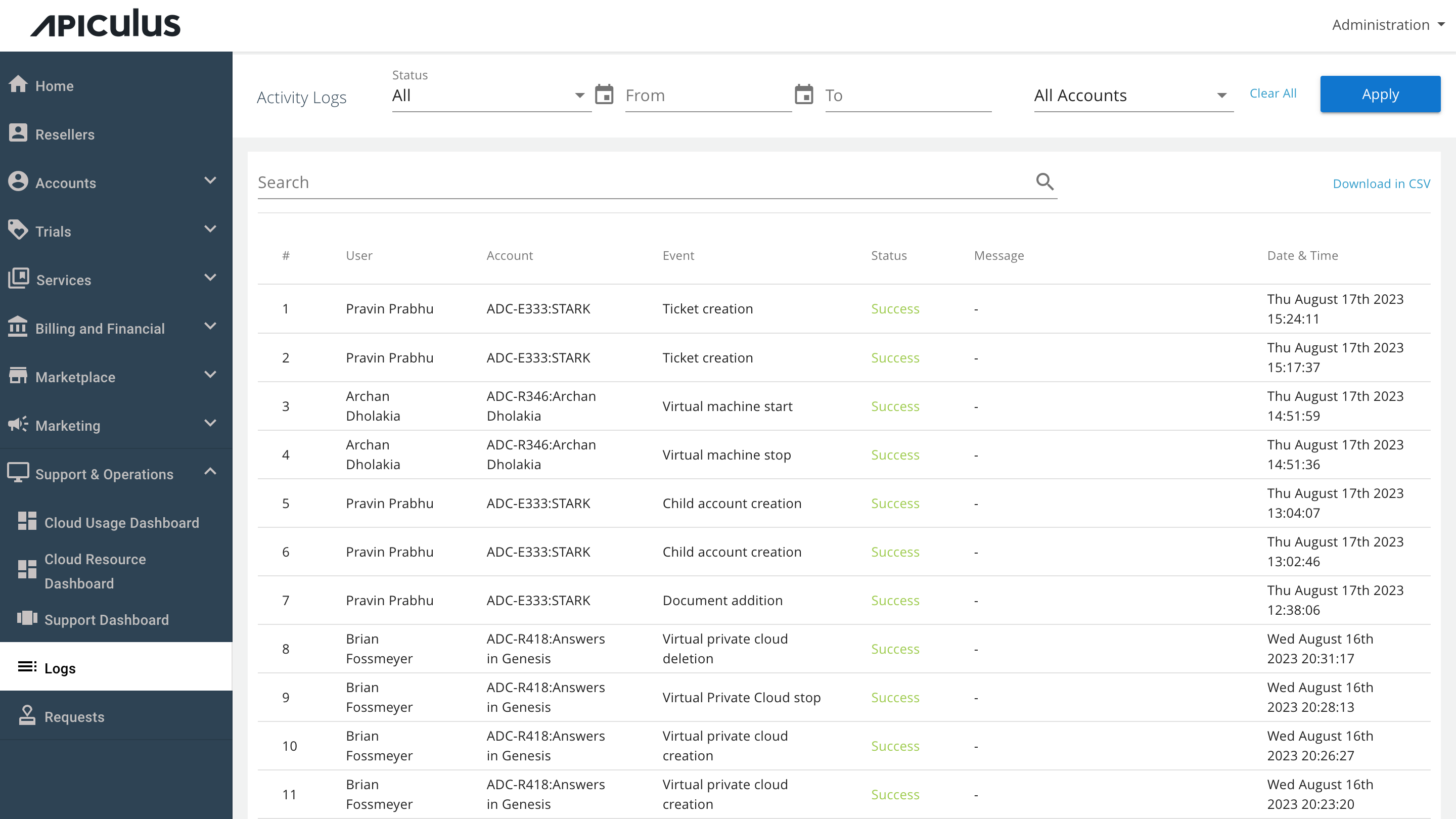 Viewing Activity Logs
