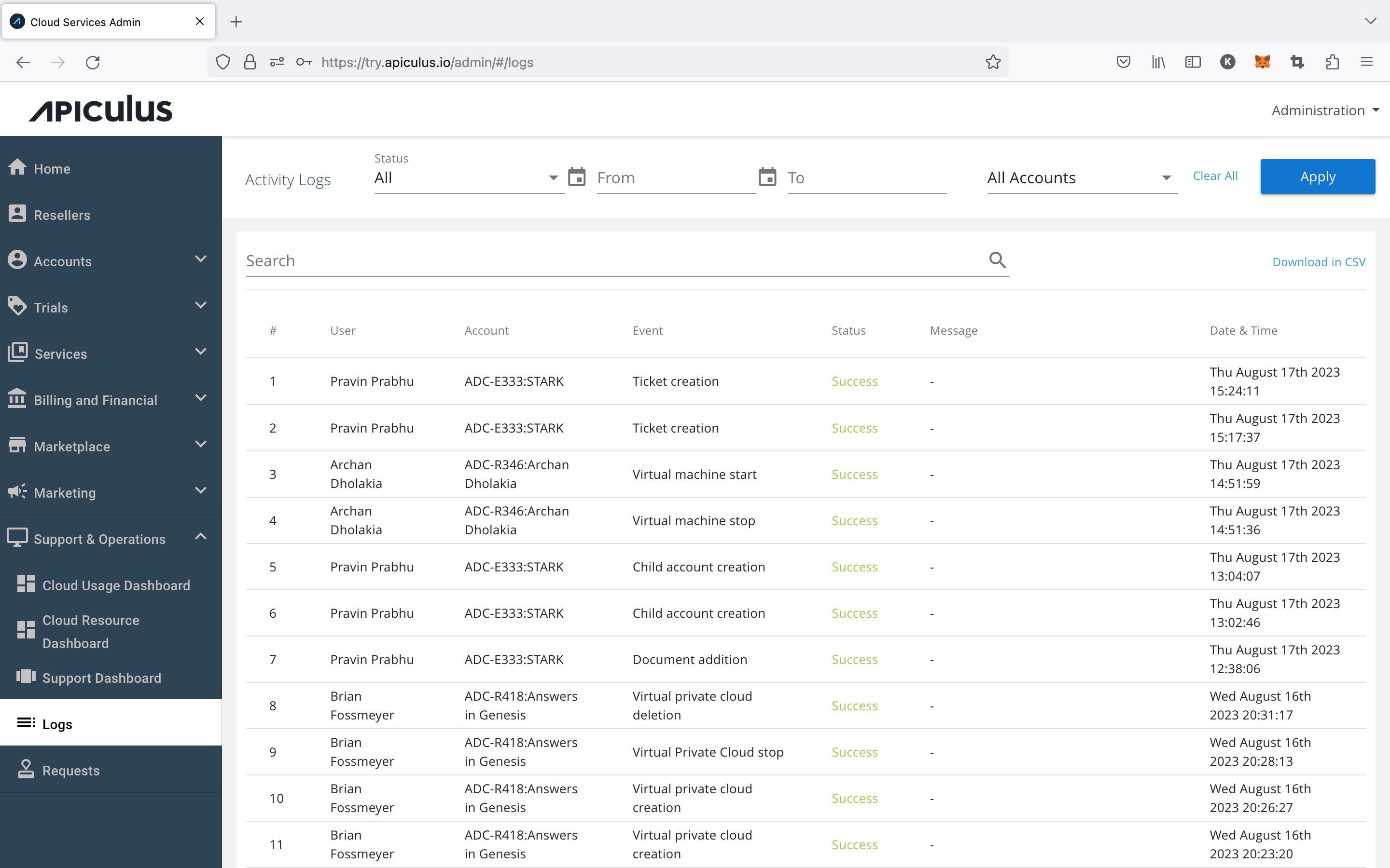 Viewing Activity Logs