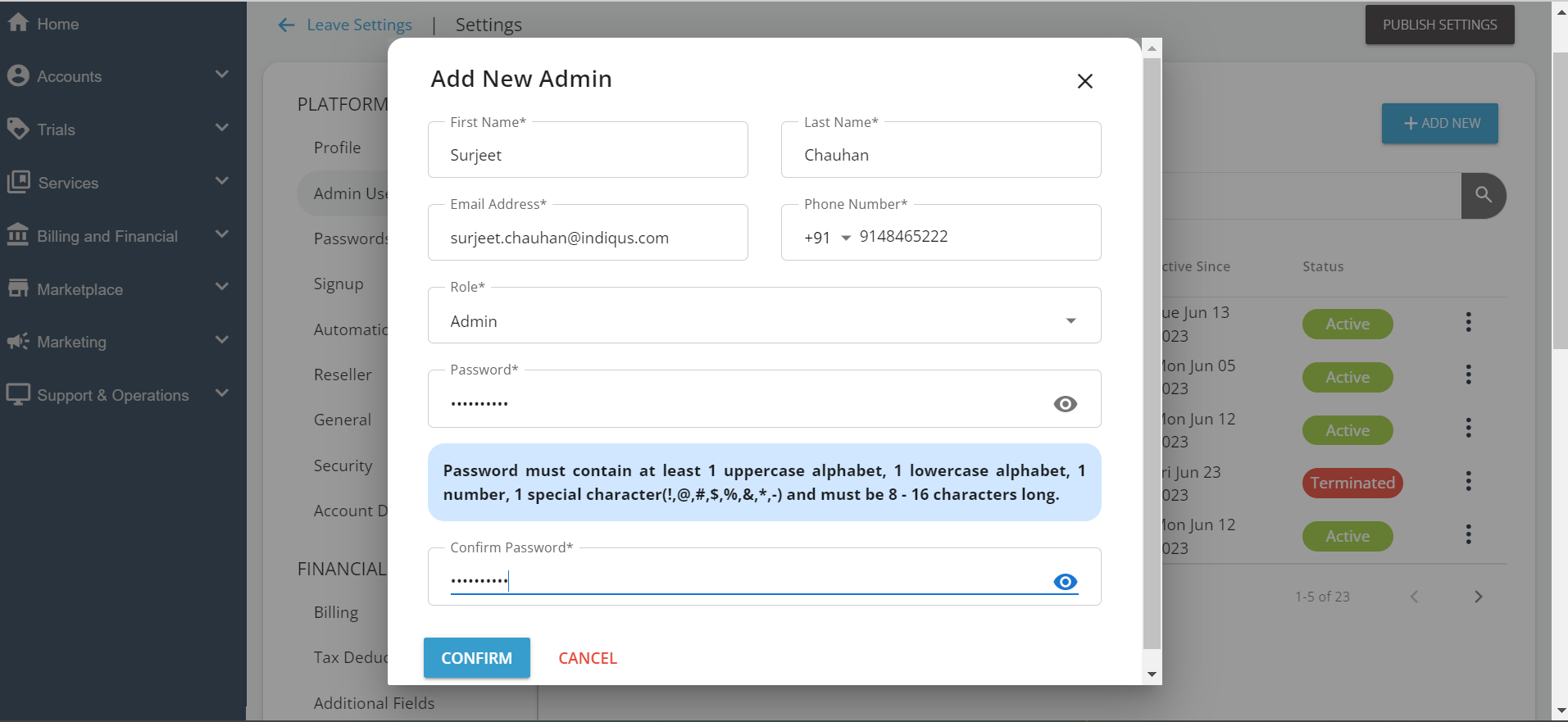 Managing SP Admin Users