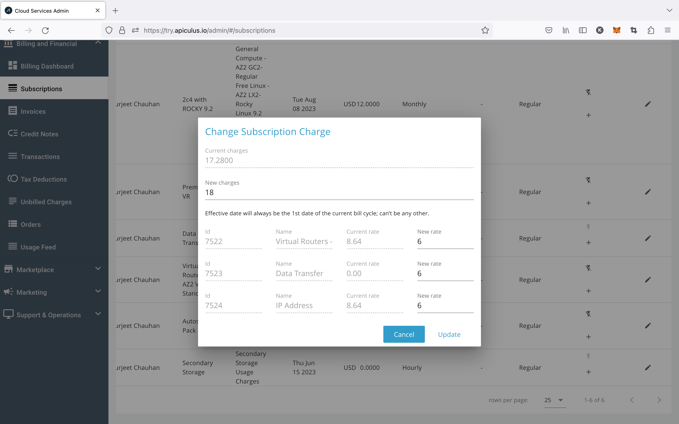 Updating Subscription Charges