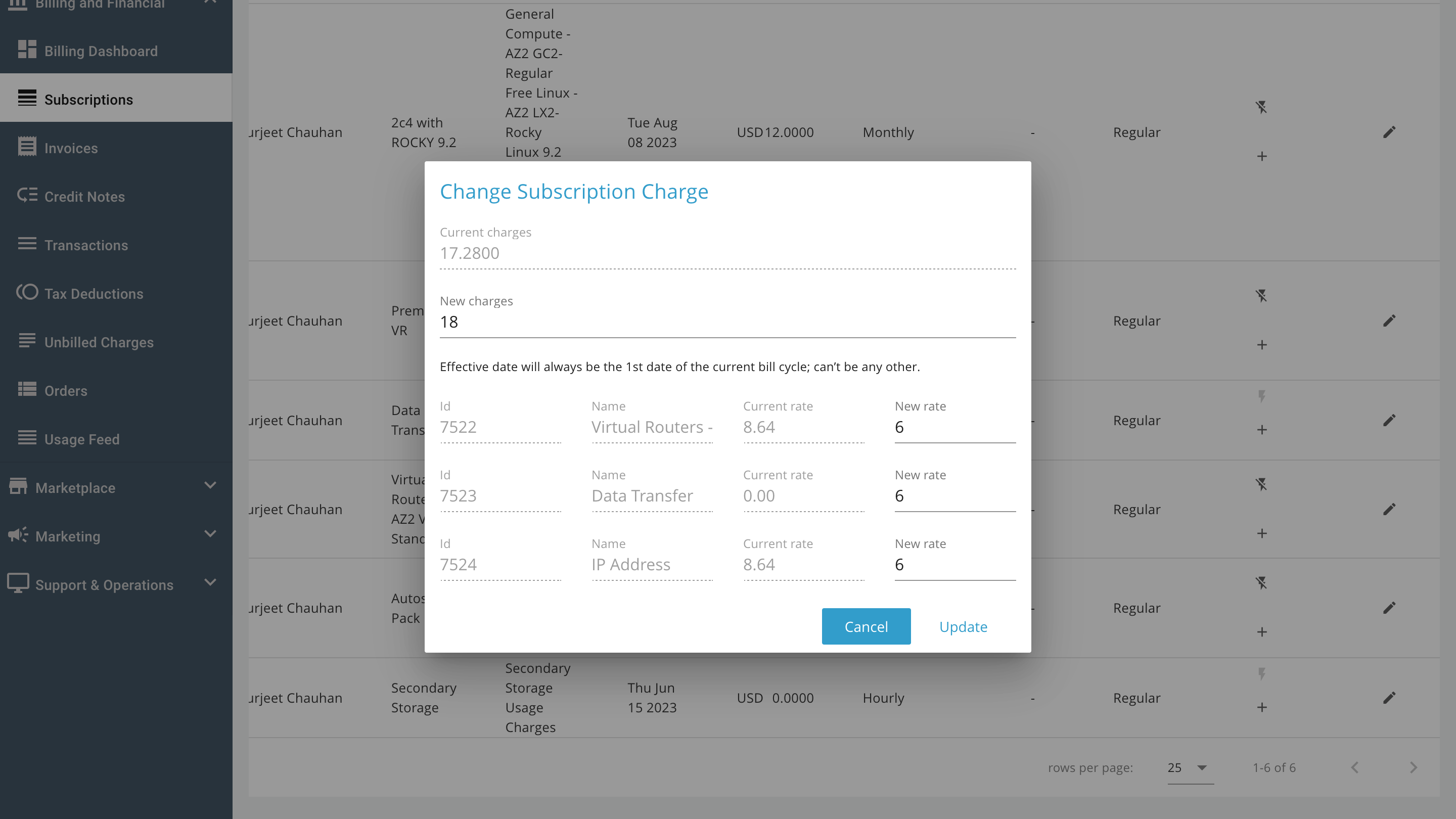 Updating Subscription Charges