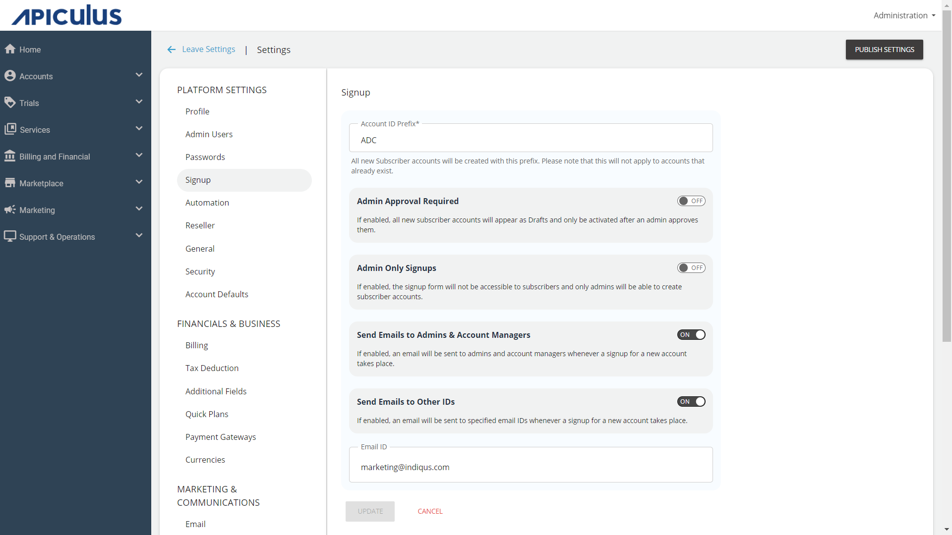 signup settings